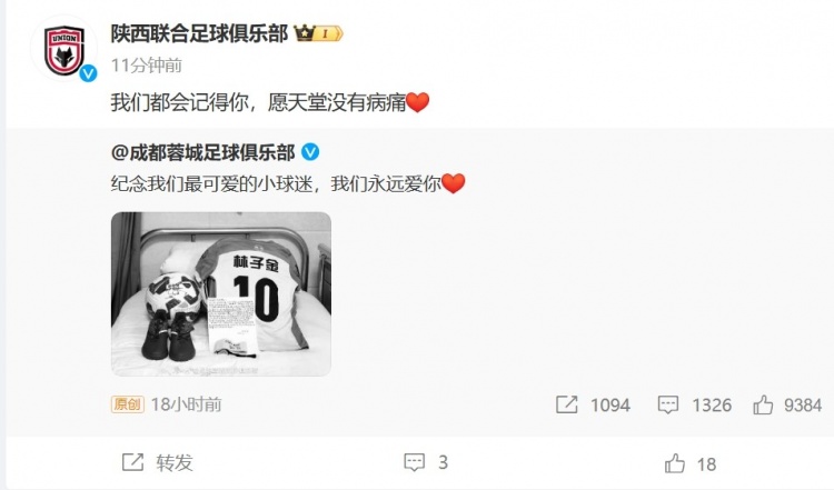 陜西聯(lián)合悼念去世小球迷:我們都會(huì )記得你,愿天堂沒(méi)有病痛